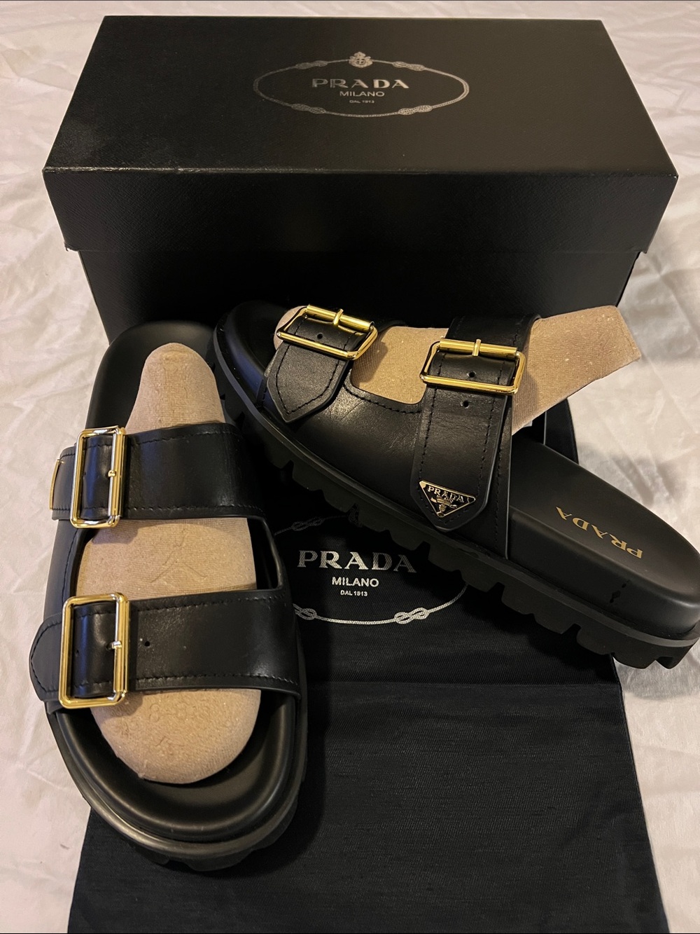 Prada Mens Black Leather Sandals with Gold Buckles